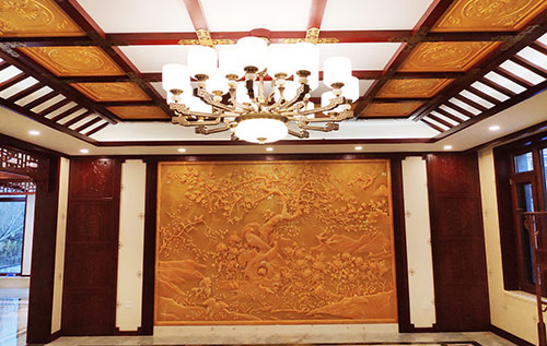 张家川中式别墅客厅中式木作横梁吊顶装饰展示